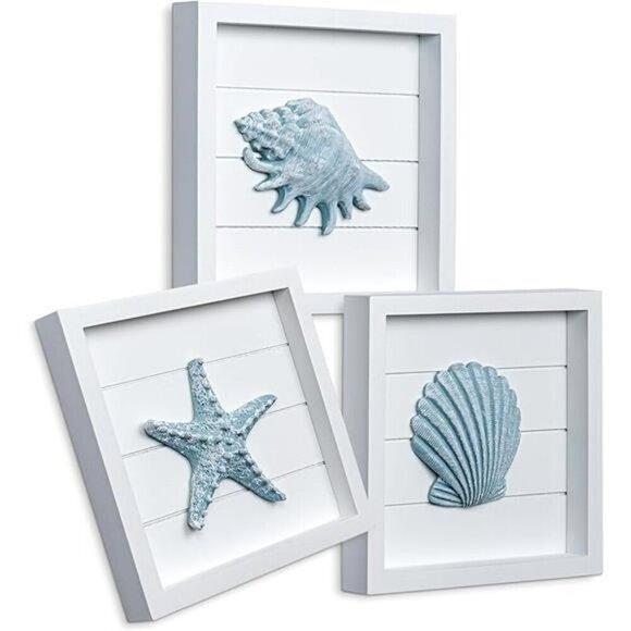 Coastal Seashell Starfish Wall Art Set Beach Bathroom Ocean Decor Framed - Picture 7 of 7
